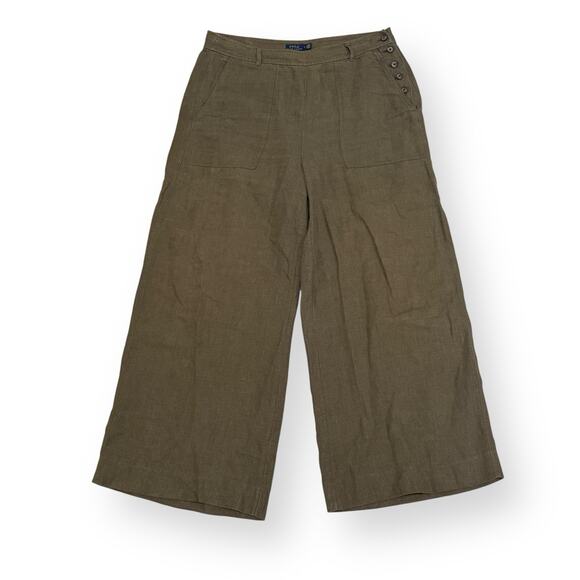 Polo Ralph Lauren Women's Linen Wide Leg Pants Olive Green Size 14 Side Buttons - Picture 1 of 9